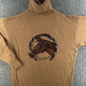 Ralph Lauren Medium Horse Print Turtleneck Camelhair Wool Hand Knit Sweater Men